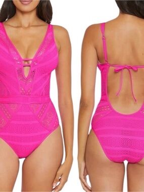 BECCA by Rebecca Virtue Color Play Crochet Plunge One-Piece swimsuit S